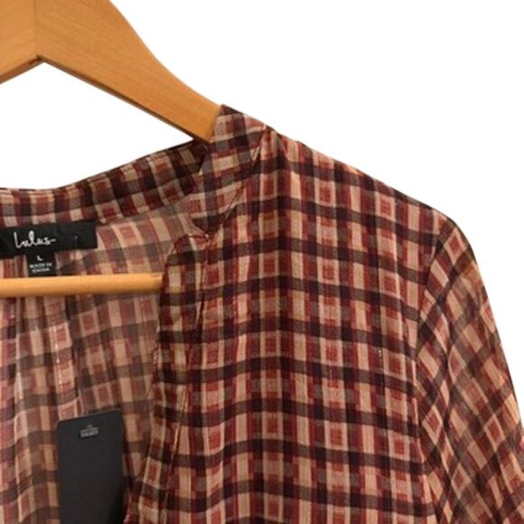 Lulus Plaid Long Sleeve Tiered Mini Dress Brown Check V-Neck L Fall Casual Boho - Picture 4 of 9